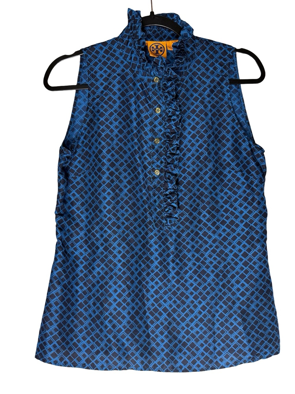Tory Burch Silk Blouse Sz 8 Blue Black Geometric Ruffle Sleeveless Quiet Luxury